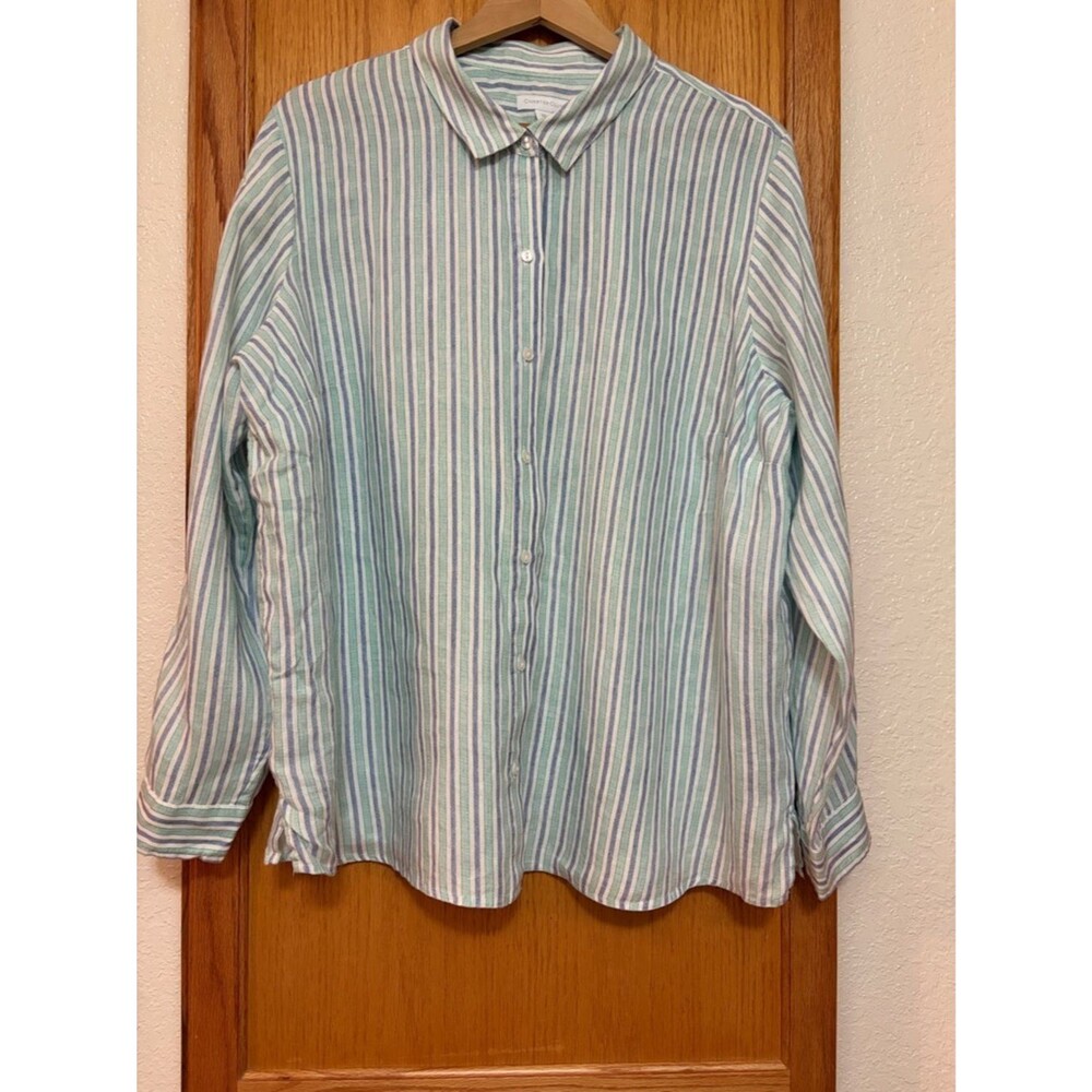 Charter Club Striped Button-Up Shirt Mint White Blue 100% Linen Long Sleeves XXL